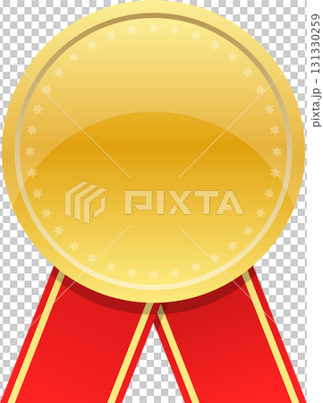 Gold medal with a red ribbon, often used to symbolize a victory, achievement, or recognition. 131330259