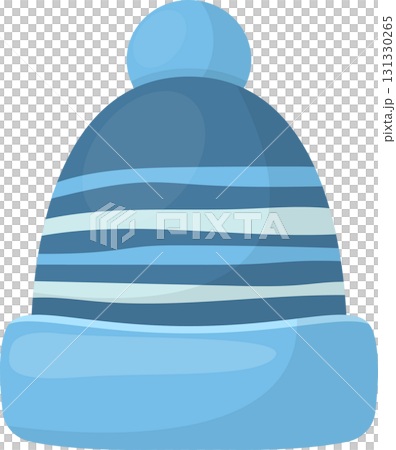 Blue winter hat with white and light blue stripes and a pompom on top perfect for cold days. 131330265