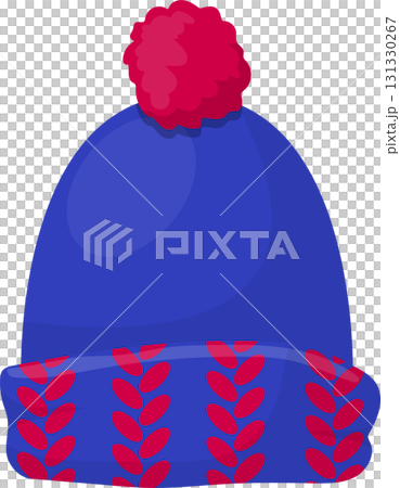 Winter hat in blue with red accents and a pom-pom on top, perfect for cold weather gear. 131330267