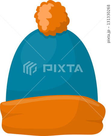 A blue and orange winter hat with a pom pom on top is shown against a black background. 131330268