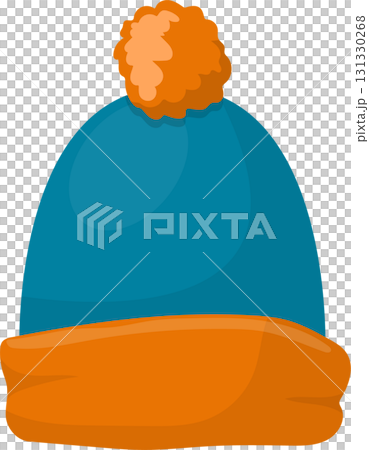 A blue and orange winter hat with a pom pom on top is shown against a black background. 131330268