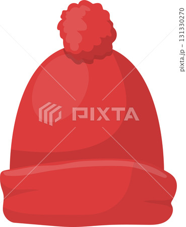 A bright red winter hat with a fluffy pompom on top, isolated against a black background. 131330270