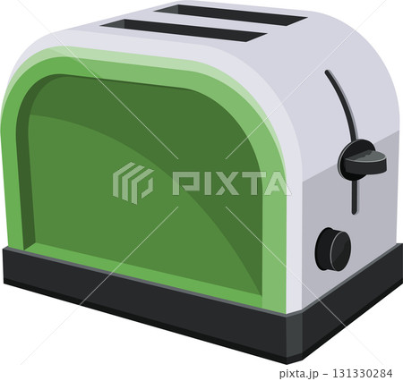 Retro-styled, two-slice toaster with green and gray panels sits on a black base, angled view. Retro-styled, two-slice toaster with green and gray panels sits on a black base, angled view. 131330284