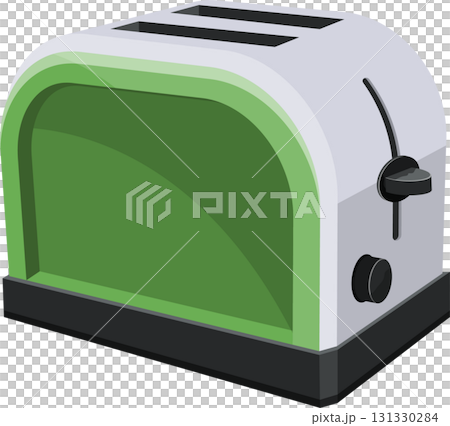 Retro-styled, two-slice toaster with green and gray panels sits on a black base, angled view. Retro-styled, two-slice toaster with green and gray panels sits on a black base, angled view. 131330284