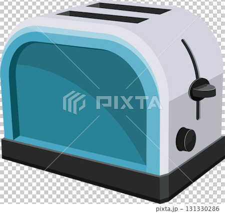 A stylized toaster with a light blue front and white side, sitting on a black base. A stylized toaster with a light blue front and white side, sitting on a black base. 131330286