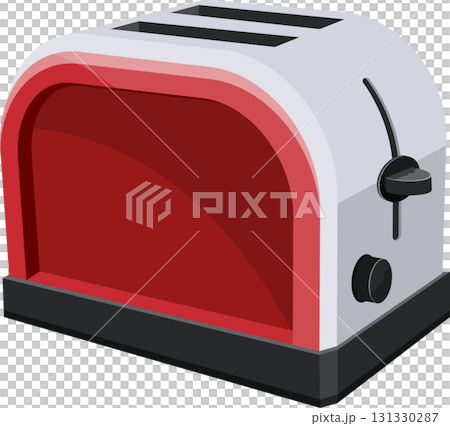 A red and gray toaster for toasting bread and pastries, a kitchen staple for breakfast. A red and gray toaster for toasting bread and pastries, a kitchen staple for breakfast. 131330287