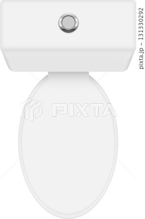 A top-down view of a pristine white toilet with a flush button against a dark background. A top-down view of a pristine white toilet with a flush button against a dark background. 131330292
