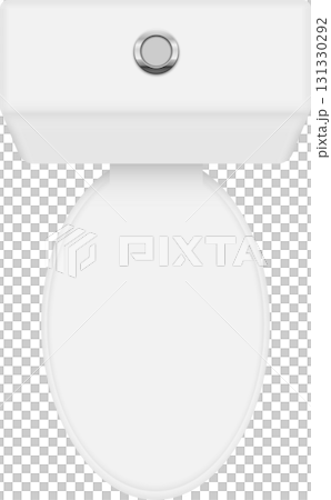 A top-down view of a pristine white toilet with a flush button against a dark background. A top-down view of a pristine white toilet with a flush button against a dark background. 131330292