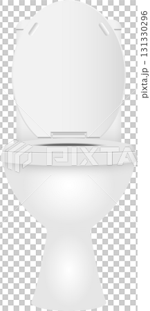 A front view of a white toilet bowl with the seat and lid partially open in a simple design. A front view of a white toilet bowl with the seat and lid partially open in a simple design. 131330296