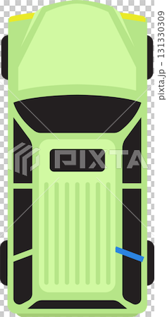 Overhead shot of a light green vehicle with yellow windshield and rear, blue handle on a door. 131330309