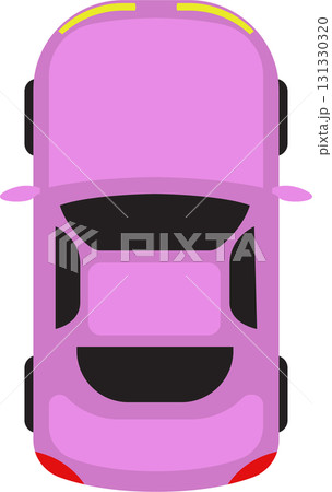Overhead view of a pink compact vehicle with rounded features and simple design elements. Overhead view of a pink compact vehicle with rounded features and simple design elements. 131330320