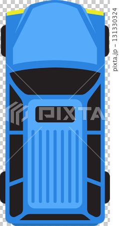 Overhead view of a blue vehicle featuring a distinct roof design and blacked-out windows. 131330324