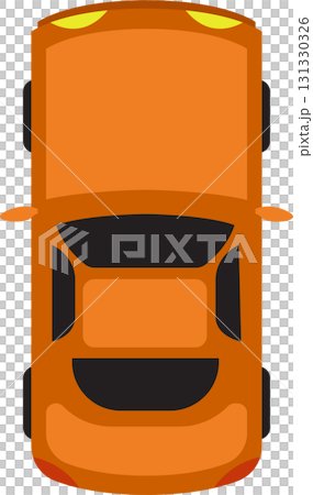 Overhead shot of an orange vehicle with black tinted windows and tires shown in a flat design. Overhead shot of an orange vehicle with black tinted windows and tires shown in a flat design. 131330326