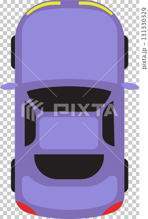 Overhead view of a stylized purple car with yellow accents, emphasizing its streamlined design. 131330329