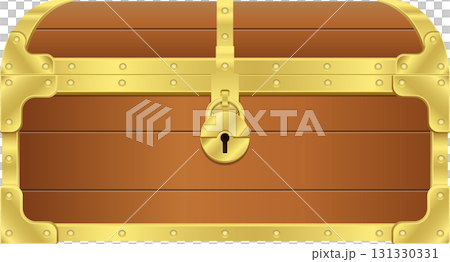 Illustration of a wooden treasure chest with golden metal hinges, corners, and a center lock. Illustration of a wooden treasure chest with golden metal hinges, corners, and a center lock. 131330331