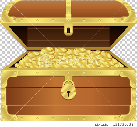 Wooden treasure chest overflowing with glistening gold coins, secured with a golden lock. 131330332
