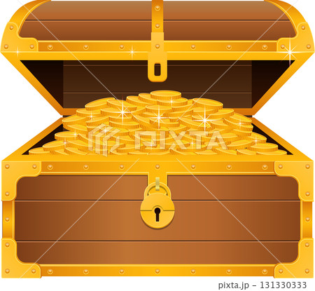 A wooden chest overflowing with gold coins, secured with a golden lock. Riches await discovery! A wooden chest overflowing with gold coins, secured with a golden lock. Riches await discovery! 131330333