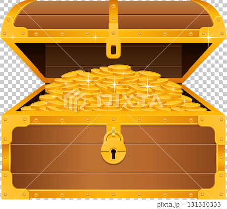 A wooden chest overflowing with gold coins, secured with a golden lock. Riches await discovery! 131330333