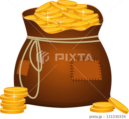 Overflowing sack of golden coins, stacks nearby, against black background. Cartoonish illustration. 131330334