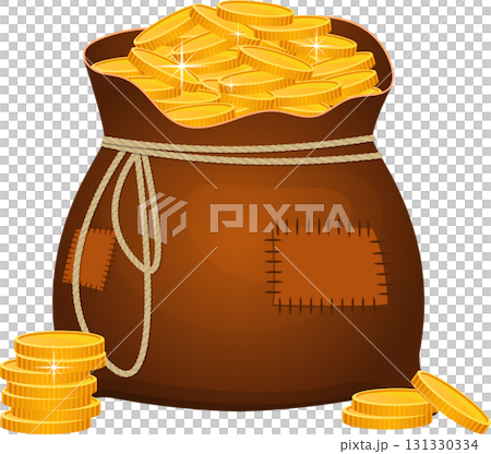 Overflowing sack of golden coins, stacks nearby, against black background. Cartoonish illustration. 131330334