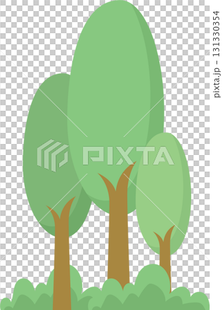 Stylized illustration of three green trees with brown trunks and a patch of light green shrubs. Stylized illustration of three green trees with brown trunks and a patch of light green shrubs. 131330354