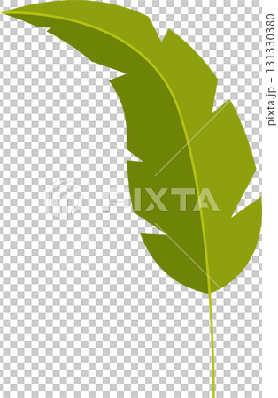 A stylized, bright green leaf with jagged edges set against a stark black background. 131330380