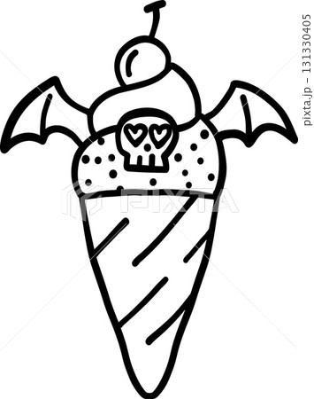 halloween illustration Spooky ice cream cone with bat wings and skull in doodle line style 131330405