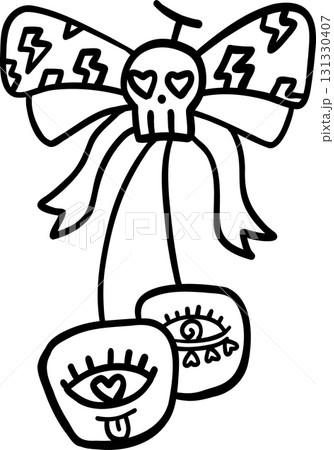 halloween illustration skull bow cherry with playful eyes design in doodle line style 131330407
