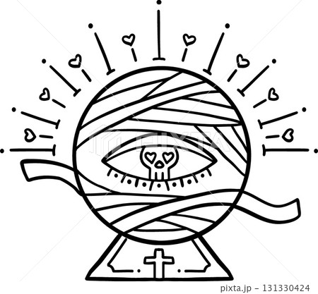 halloween illustration Crystal ball with a skull and hearts design. in doodle line style 131330424