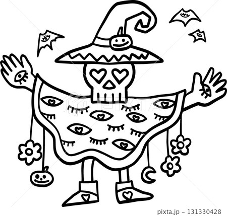 halloween illustration skeleton in a witch hat and poncho. in doodle line style halloween illustration skeleton in a witch hat and poncho. in doodle line style 131330428