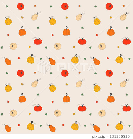 Autumn Pumpkin Seamless Pattern with Fall Leaves on beige background. Ideal for textile design, packaging, decorative materials for Thanksgiving, fall harvest season decoration and autumn holidays Autumn Pumpkin Seamless Pattern with Fall Leaves on beige background. Ideal for textile design, packaging, decorative materials for Thanksgiving, fall harvest season decoration and autumn holidays 131330530