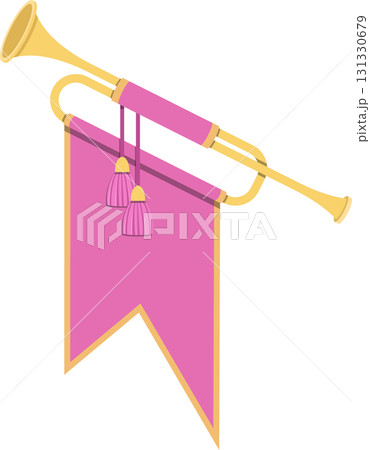 Golden fanfare trumpet with a pink banner, hanging tassels, and celebratory royal aesthetic. Golden fanfare trumpet with a pink banner, hanging tassels, and celebratory royal aesthetic. 131330679