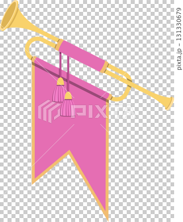 Golden fanfare trumpet with a pink banner, hanging tassels, and celebratory royal aesthetic. 131330679