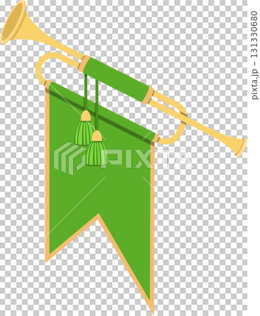 Golden ceremonial trumpet with a green banner and tassels, isolated on a black background. 131330680