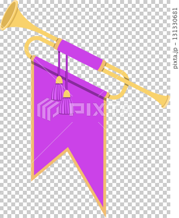 Heraldic trumpet with hanging purple banner and tassels, decorative celebratory illustration Heraldic trumpet with hanging purple banner and tassels, decorative celebratory illustration 131330681