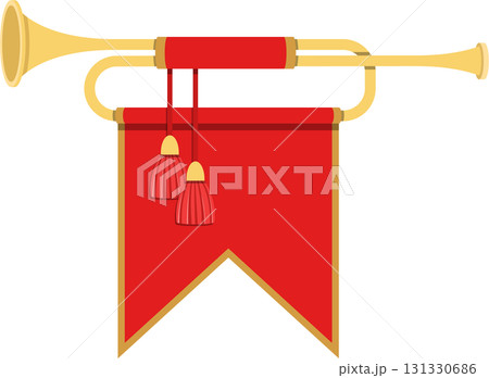Gold herald trumpet with red banner. Historical fanfare symbol. Musical instrument icon. Gold herald trumpet with red banner. Historical fanfare symbol. Musical instrument icon. 131330686