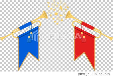 Musical fanfare with trumpets, banners, and notes evokes celebration and announcement mood. 131330689