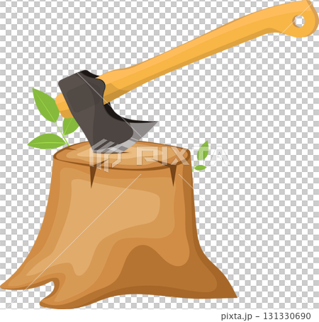 Axe stuck in a tree stump, with small green leaves sprouting from the side of the stump. 131330690