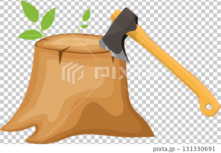 A tree stump with an axe stuck in it and two leafy sprouts growing on top of the stump. A tree stump with an axe stuck in it and two leafy sprouts growing on top of the stump. 131330691