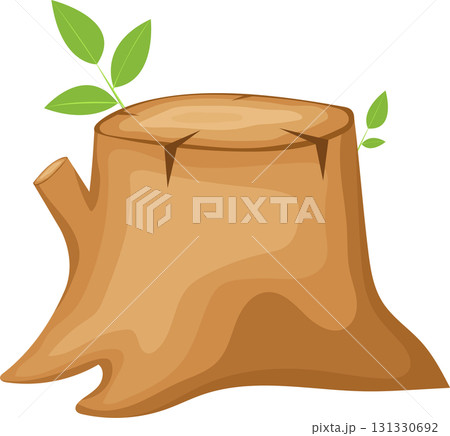 Illustration of a tree stump sprouting new leaves, symbolizing growth, nature, and resilience. 131330692