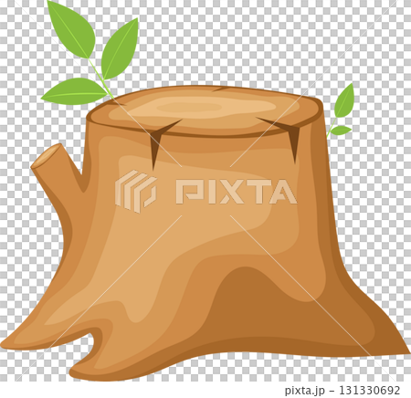 Illustration of a tree stump sprouting new leaves, symbolizing growth, nature, and resilience. 131330692