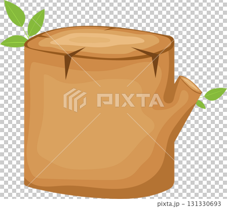 A cartoon tree stump with two small green leafy branches against a black background. Cute nature. 131330693