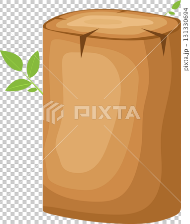 A whimsical cartoon illustration featuring a charming tree stump with sprouting green leaves. 131330694
