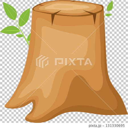 Cartoon illustration of a brown tree stump with small green leafy plants regrowing. 131330695