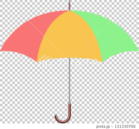 Colorful umbrella with alternating panels of red, yellow and green, black background, rain gear 131330708