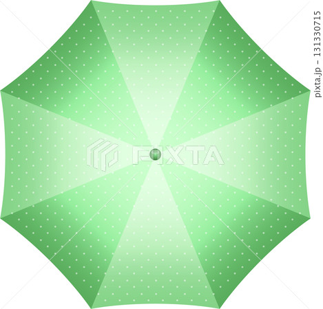 Overhead view of a light green umbrella with white polka dots and segmented panels design. Overhead view of a light green umbrella with white polka dots and segmented panels design. 131330715
