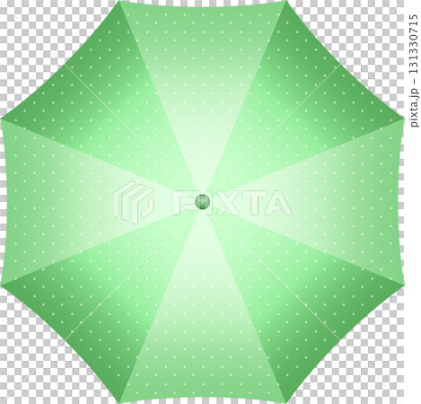 Overhead view of a light green umbrella with white polka dots and segmented panels design. 131330715