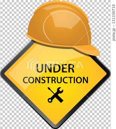 A construction site warning sign, with a hard hat, informs viewers of nearby construction. 131330719