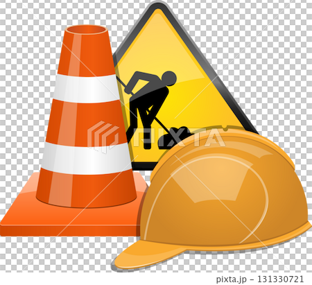 Roadworks ahead: Traffic cone, safety sign, and hard hat indicate construction or repair work. 131330721