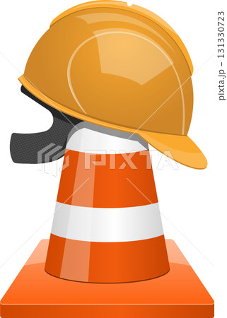An orange hard hat rests atop a traffic cone, representing safety and construction awareness. 131330723